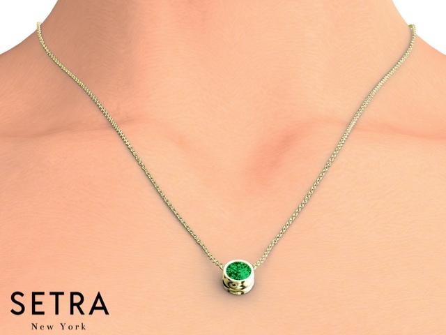 14K FINE ROSE GOLD GREEN EMERALD PANDENTS OR NECKLACE SOLITAIRE BAZEL SETTING