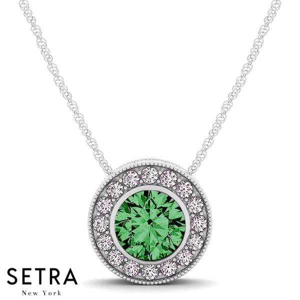 18K Gold Round Cut Diamonds & Green Emerald In Halo Setting Necklace