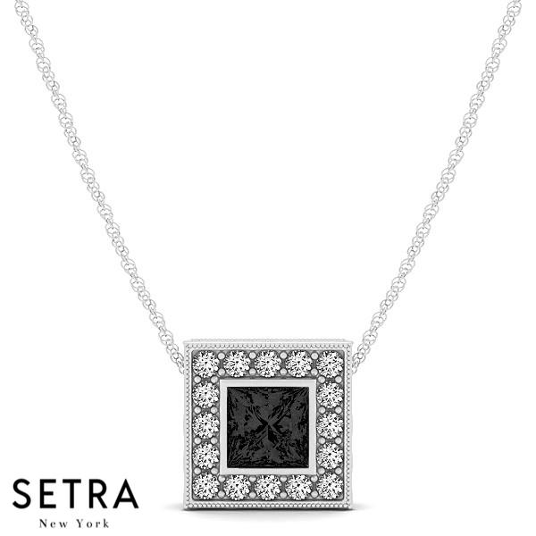 18K Gold Round Cut Diamonds & Princess Cut Black Diamond In Halo Necklace