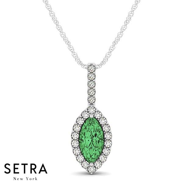 18K Gold Round Cut Diamonds & Marquise Green Emerald In Halo Setting Necklace