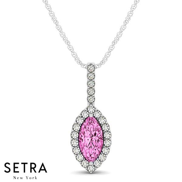 18K Gold Round Cut Diamonds & Marquise Cut Pink Sapphire In Halo Necklace