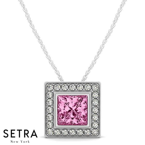 18K Gold Round Cut Diamonds & Princess Cut Pink Sapphire In Halo Necklace