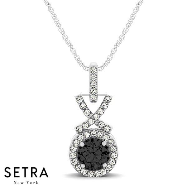 18K Gold White & Black Diamonds Round Cut In Halo Setting X Style Necklace