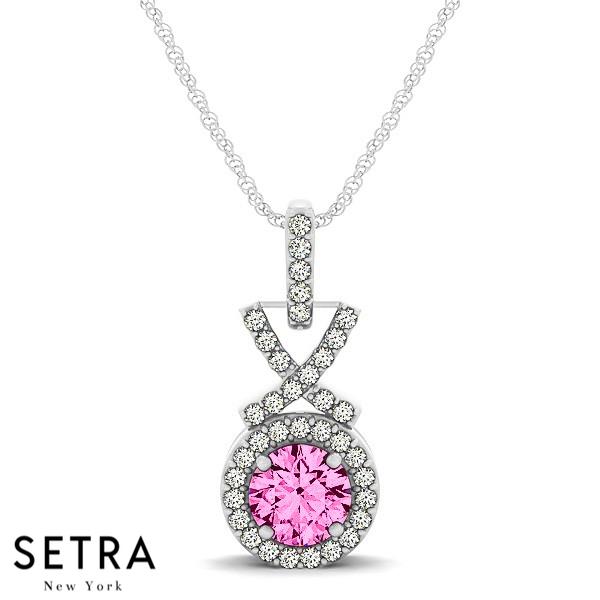 Vintage 18K Gold Round Cut Diamonds & Pink Sapphire In Halo Setting Necklace