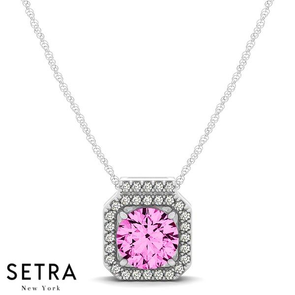 18K Gold Round Cut Diamonds & Pink Sapphire In Halo Setting Necklace
