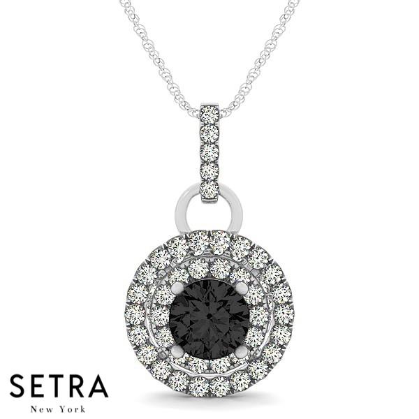 18K Gold White & Black Round Cut  In Double Halo Setting Necklace