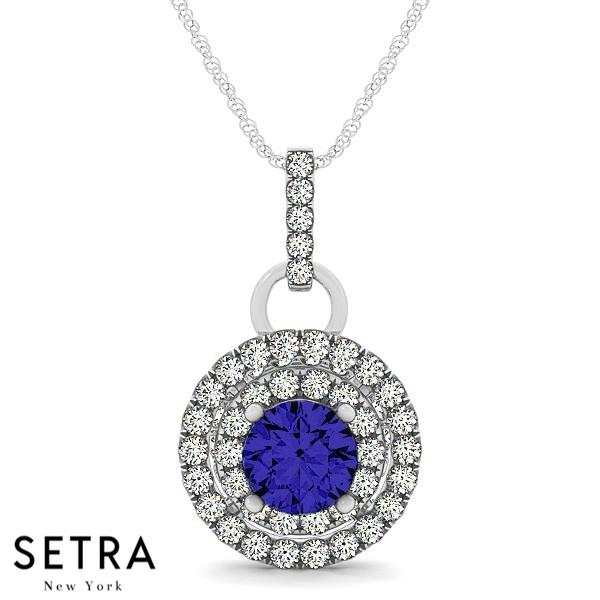 18K Gold Round Cut Diamonds & Sapphire In Double Halo Setting Necklace