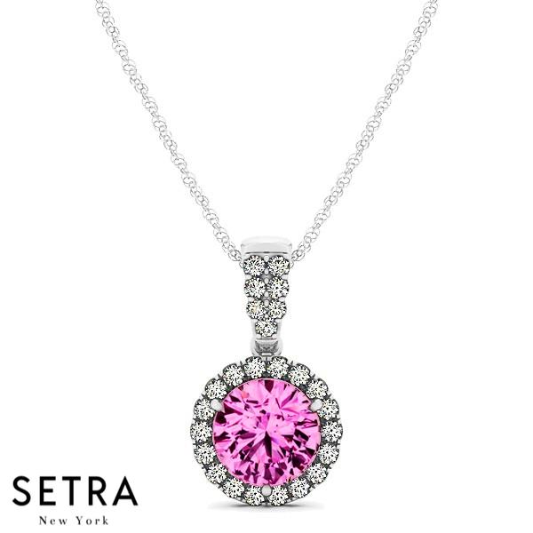 18K Gold Round Cut Diamonds & Pink Sapphire In Halo Setting Necklace