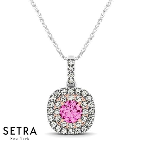 Vintage 18K Rose & White Gold Round Cut Diamonds & Pink Sapphire In Double Halo Necklace