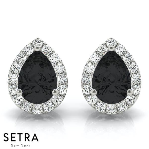 BLACK & WHITE PEAR SHAP DIAMOND STUD EARRING 14K GOLD