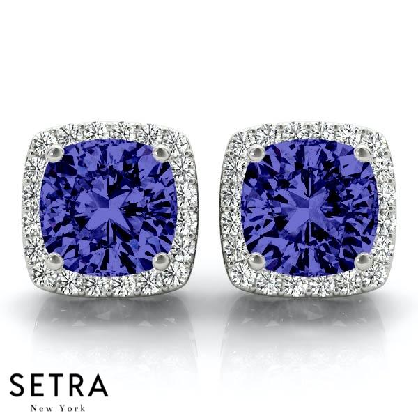 SAPPHIRE CUSHION SHAPE & ROUND CUT DIAMONDS HALO STUD EARRING 14K GOLD