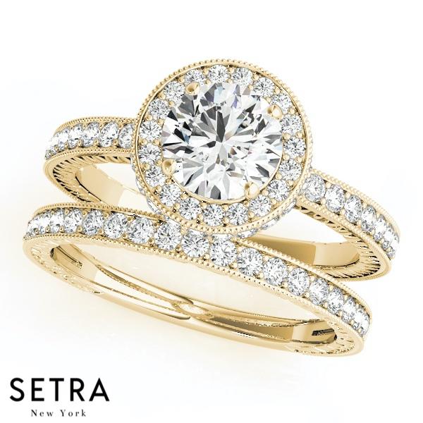 14K FINE GOLD DIAMOND IN SEMI-MOUNT HALO ENGAGEMENT & BAND RING