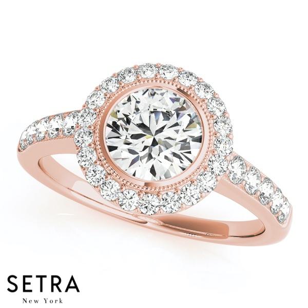 14K FINE GOLD ROUND CUT DIAMOND IN ROUND HALO ENGAGEMENT RING