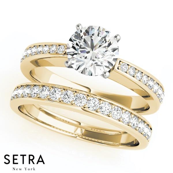 SET OF DIAMOND ENGAGEMENT & WEDDNG BAND RINGS SINGLE ROW 14K GOLD