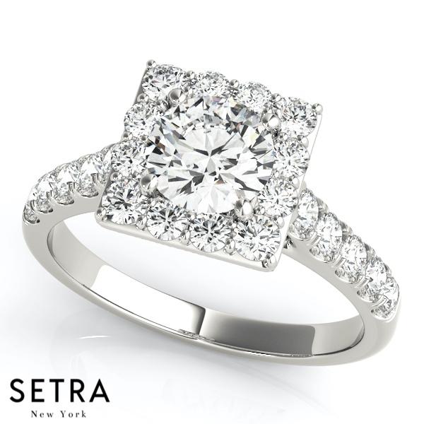 14K FINE GOLD ROUND CUT DIAMOND IN SQUARE HALO ENGAGEMENT HALO PLATINUM RING