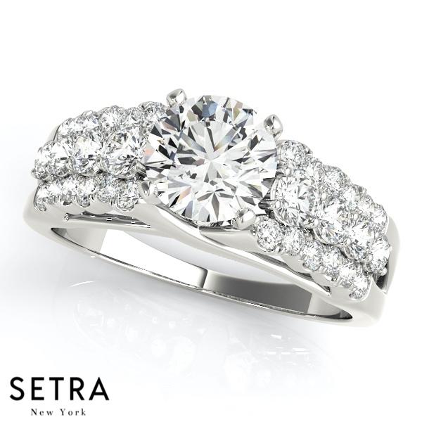 14K FINE GOLD ROUND CUT DIAMONDS CLUSTER SIDES ENGAGEMENT RINGS MULTIROW