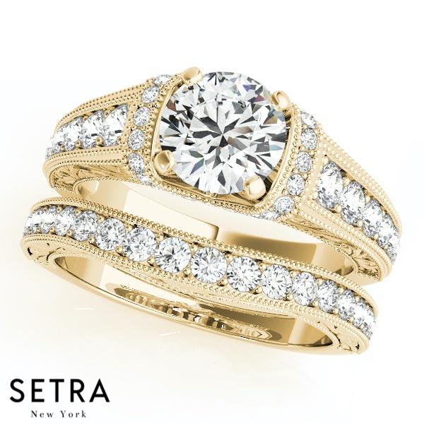 14K FINE GOLD SET OF ENGAGEMENT & WEDDING BAND DIAMONDS ANTIQUE RING