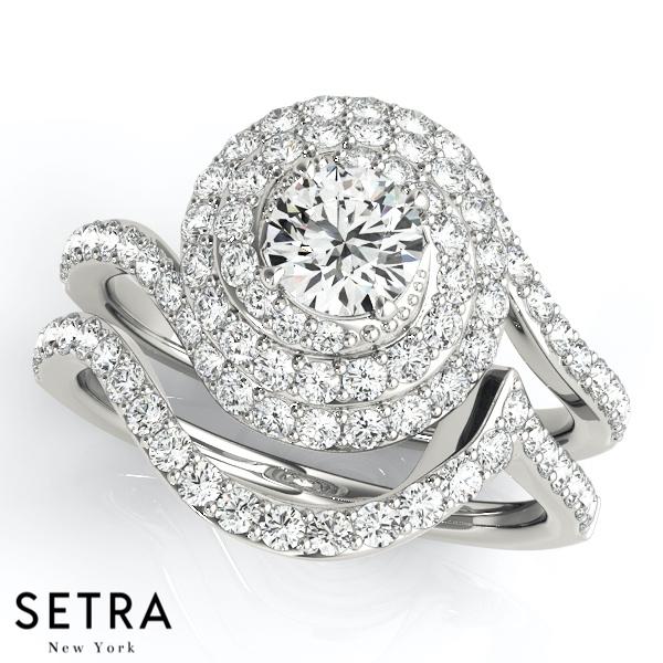 14K FINE GOLD 3 ROW DIAMOND IN ROUND HALO SET ENGAGEMENT & BAND RING
