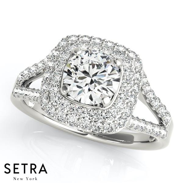 14K GOLD FINE DOUBLE ROW HALO SEMI-MOUNT SPLIT SHANK ENGAGEMENT ROUND CUT DIAMOND RING