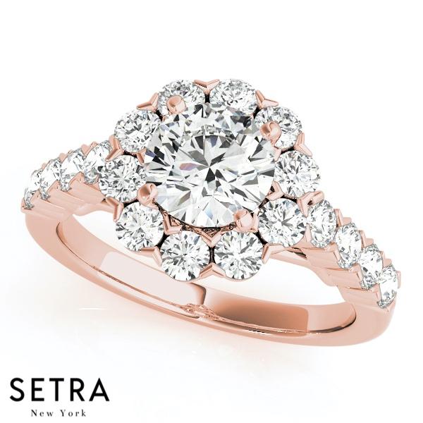 14K GOLD FINE HALO SEMI-MOUNT ENGAGEMENT ROUND CUT DIAMOND RING