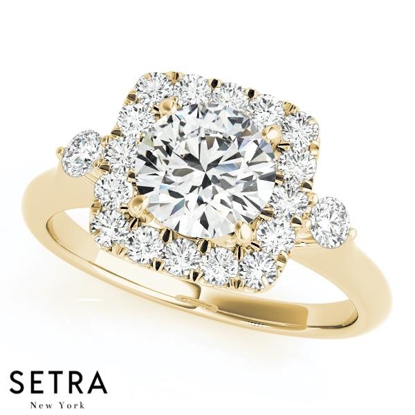 14K FINE GOLD ROUND CUT DIAMOND IN SQUARE HALO SEMI-MOUNT ENGAGEMENT RING