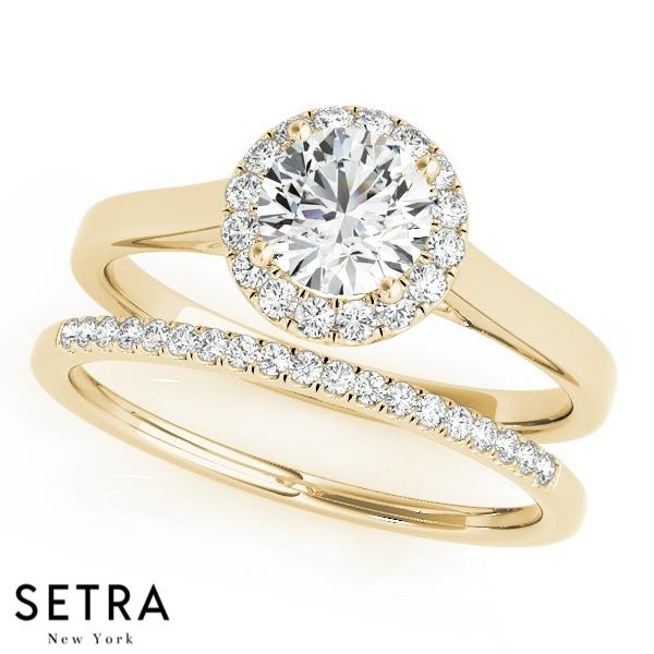 14K FINE GOLD DIAMOND IN ROUND HALO SEMI-MOUNT SET BAND & ENGAGEMENT RING