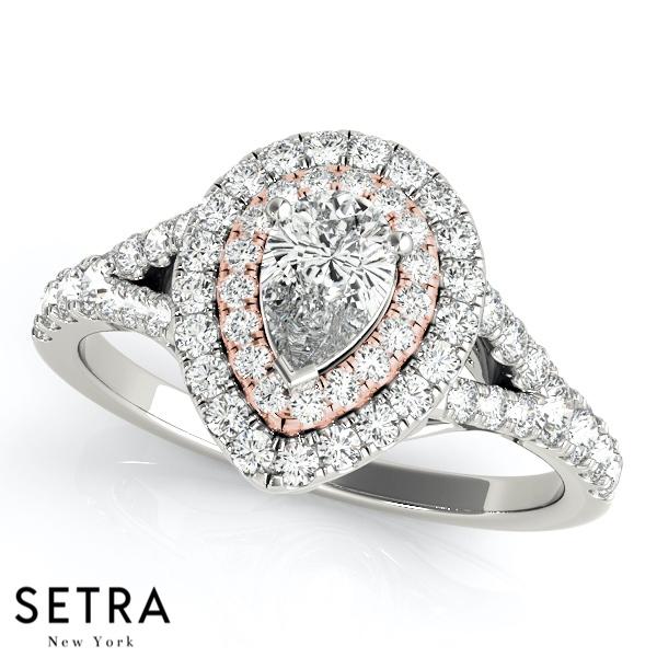 14K FINE GOLD PEAR CUT DIAMOND IN PEAR DOUBLE ROW HALO SEMI-MOUNT ENGAGEMENT RING