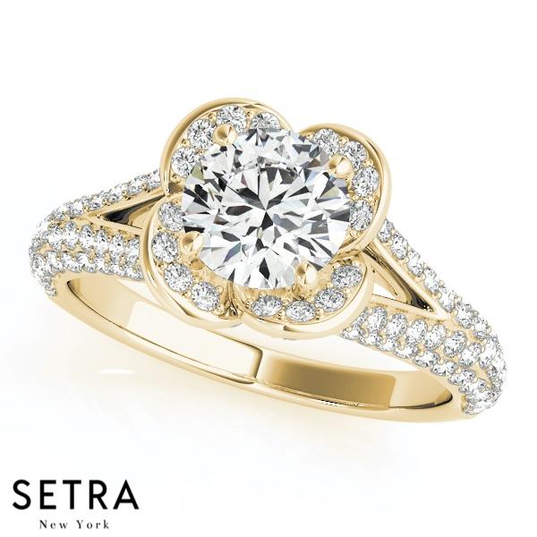 14K FINE GOLD ROUND CUT DIAMOND IN ROUND HALO ENGAGEMENT RING