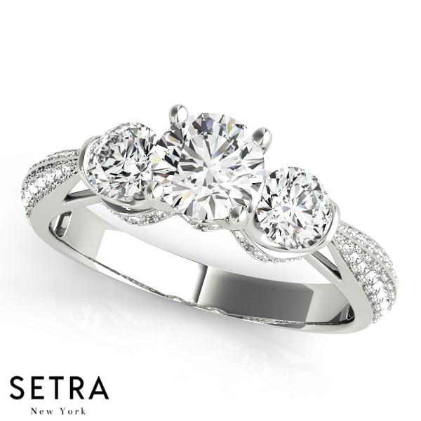 18K FINE GOLD 3 STONE ROUND CUT DIAMONDS MICRO PAVE SET ENGAGEMENT RING