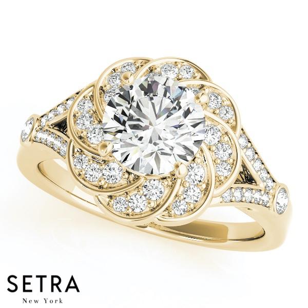 14k FINE GOLD ROUND CUT DIAMOND IN FLOWER HALO ENGAGEMENT RING