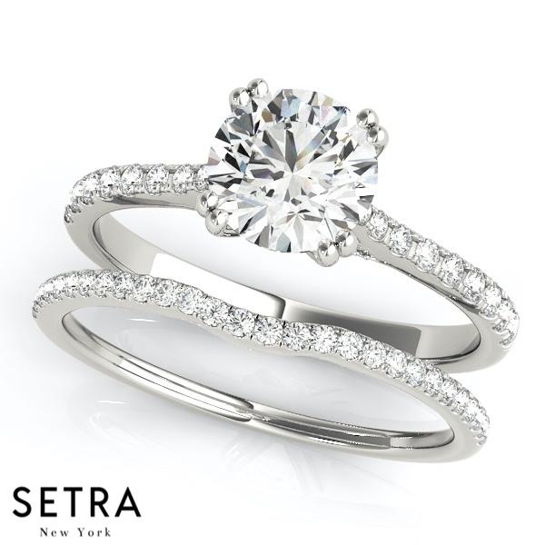 SET OF DIAMOND ENGAGEMENT & WEDDING BAND  RINGS SINGLE ROW PRONG SET 14K GOLD