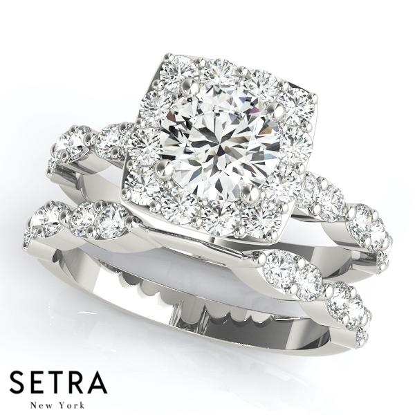 SET OF 18K FINE GOLD ROUND CUT DIAMOND IN SQUARE HALO ENGAGEMENT RING