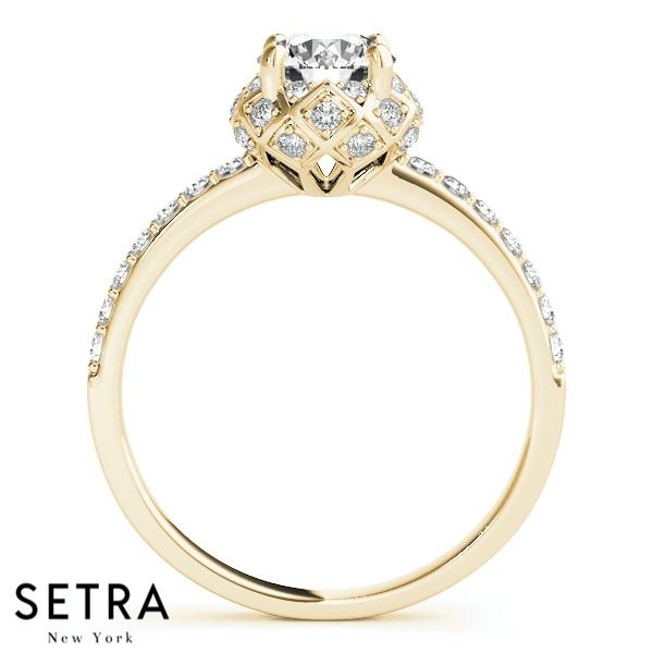 VINTAGE 14K FINE GOLD ROUND CUT DIAMOND IN ROUND HALO ENGAGEMENT RING