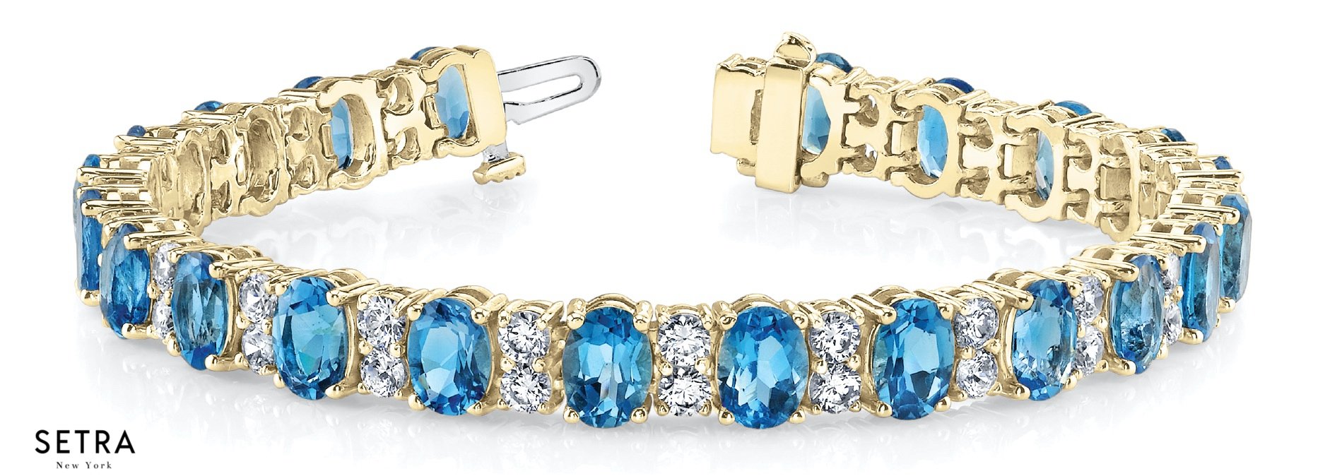 7.80ct Round Cut Diamonds & Blue Topaz Women's Bridal Fancy Solid Bracelet In 14k Gold