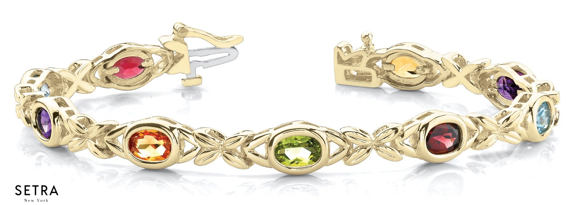 Oval Cut Natural Mix Colord Gems Stone Women's Bridal Fancy Solid Bracelet In 14k Gold