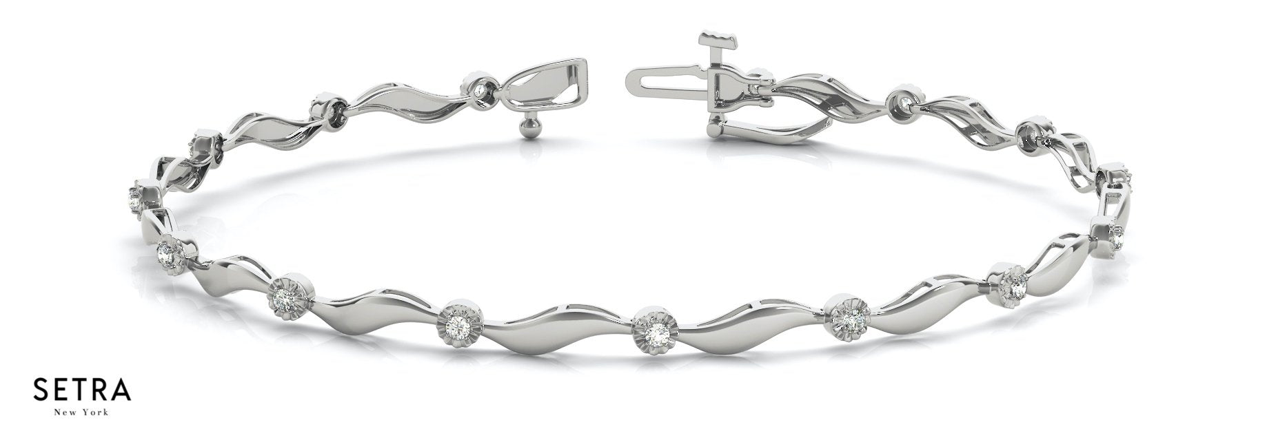 Water Wave Style 18k Gold  Round Cut Diamonds Solid Women's Bracelet