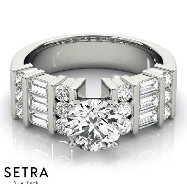 FANCY STRAIGHT BAGUETTE & ROUND CUT DIAMOND ENGAGEMENT 14K GOLD RING