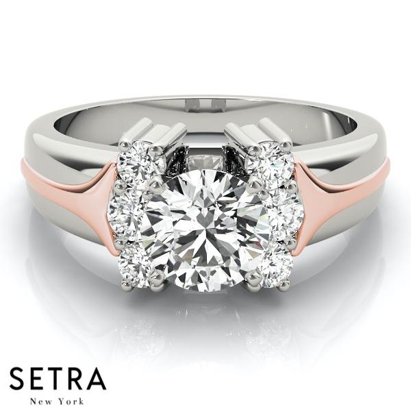 14K FINE GOLD ROUND CUT DIAMONDS CLUSTER SIDES ENGAGEMENT RINGS
