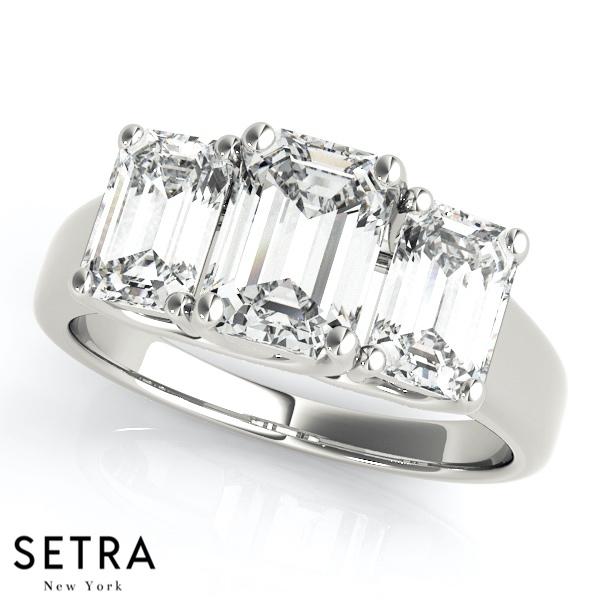 3 STONE DIAMONDS EMERALD CUT ENGAGEMENT RING 14K GOLD