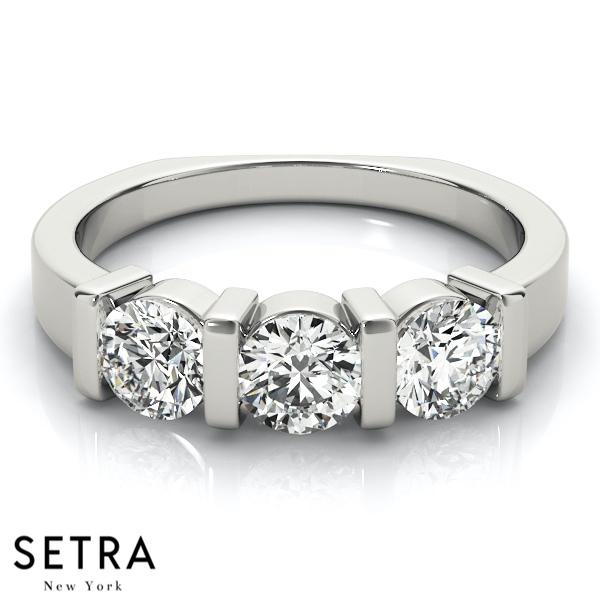 14K FINE GOLD ENGAGEMENT RING 3 STONE BAR SET ROUND CUT DIAMONDS