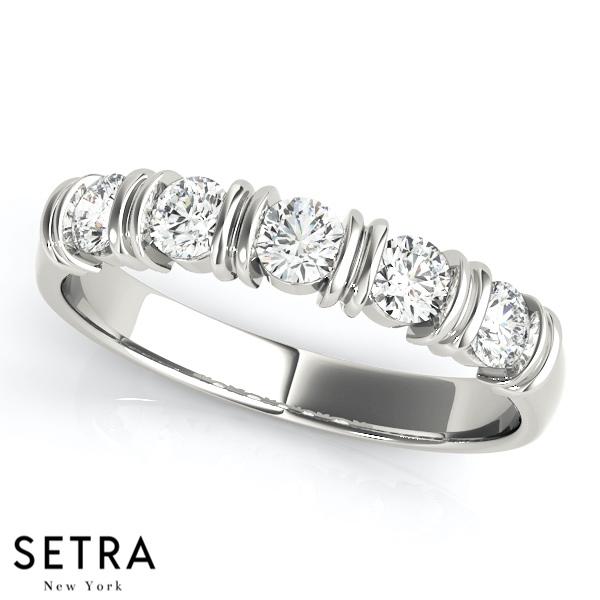 0.50 CT 5 STONE 14K GOLD DIAMONDS CHANEL & BAR SET WEDDING BAND RING