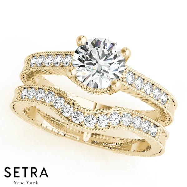 14K FINE GOLD SET OF ENGAGEMENT & WEDDING BAND DIAMONDS ANTIQUE RING