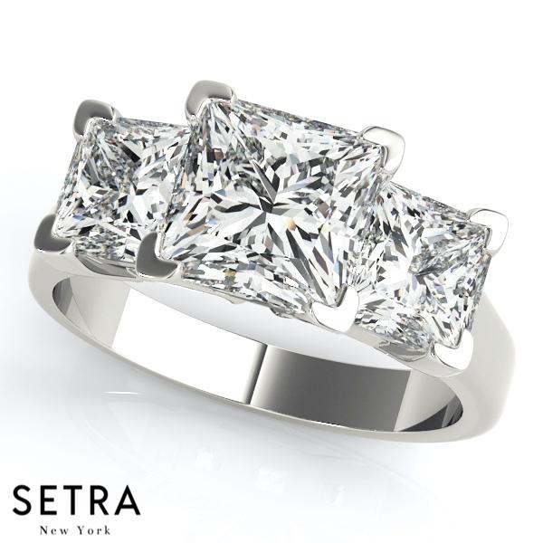 18K FINE GOLD 3 STONE PRINCESS CUT ENGAGEMENT RINGS