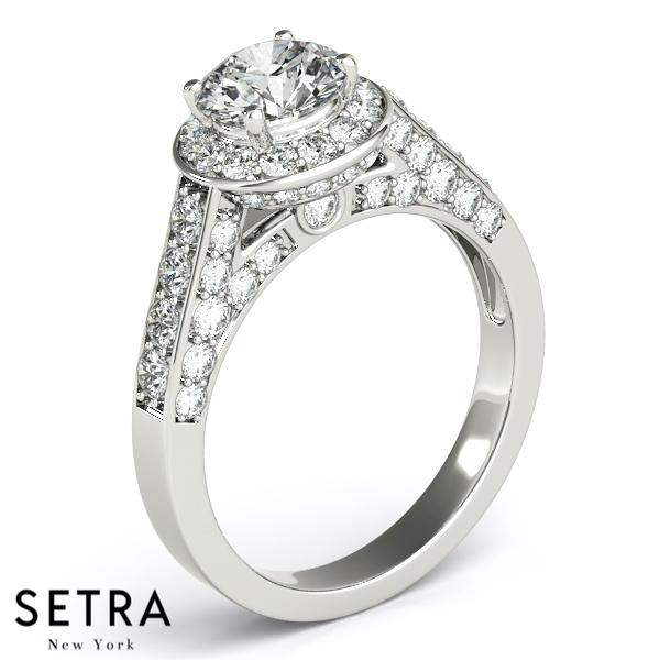 14K FINE GOLD ROUND CUT DIAMOND IN ROUND HALO SEMI-MOUNT ENGAGEMENT RING