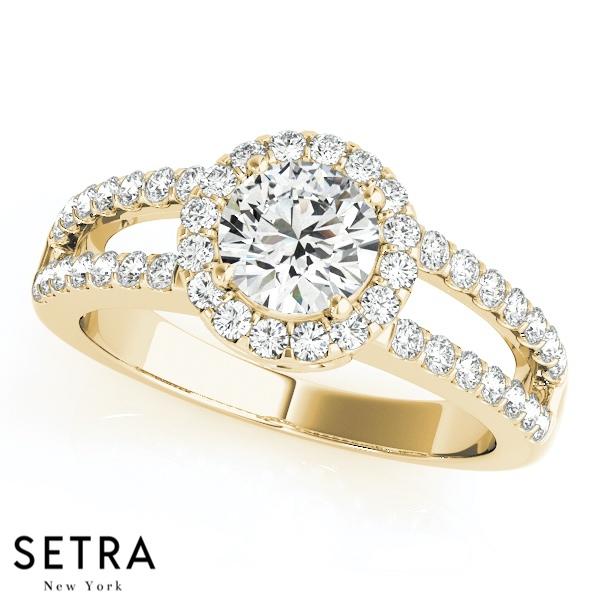 ANTIQUE SEMI - MOUNT 14K FINE GOLD ROUND CUT DIAMOND IN ROUND HALO ENGAGEMENT RING