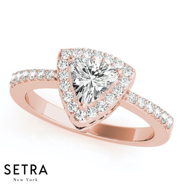 14K FINE GOLD TRILLION CUT DIAMOND IN TRILLION HALO SEMI-MOUNT ENGAGEMENT RING