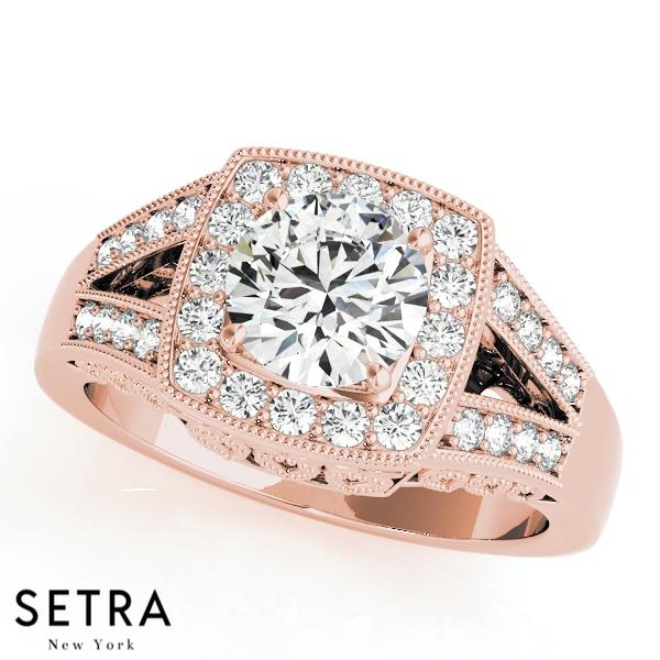 14K FINE GOLD ROUND CUT DIAMOND IN ROUND HALO SEMI-MOUNT ENGAGEMENT RING