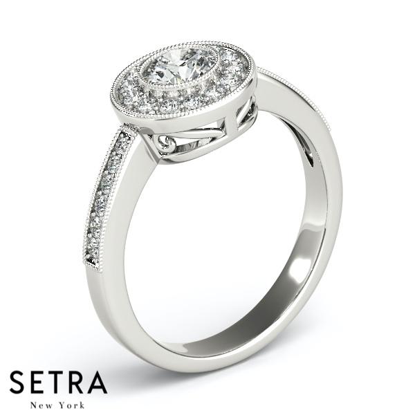 14K FINE GOLD ROUND CUT DIAMOND IN ROUND HALO SEMI-MOUNT ENGAGEMENT RING