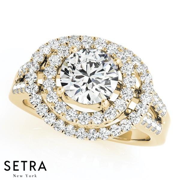 14K FINE GOLD ROUND CUT DIAMOND IN ROUND DOUBLE HALO SEMI-MOUNT ENGAGEMENT RING