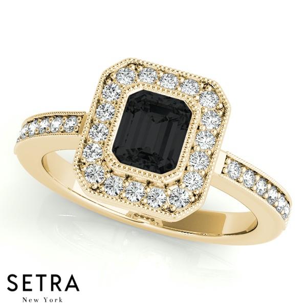 CENTER EMERALD CUT BLACK DIAMOND & CLEAR DIAMOND HALO ENGAGEMENT 14K GOLD RING